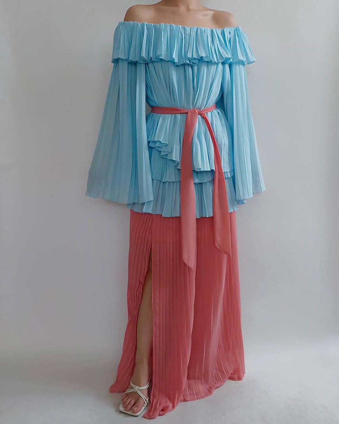 Baby blue pleated tiered dress
